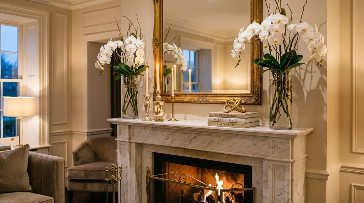 Luxury spring mantel with marble surround, white orchids, glass vases, and gold accents.